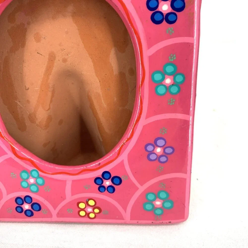 Mexican Terracotta Hand Painted Photo Frame Colorful Folk Art Ceramic 5 x 7
